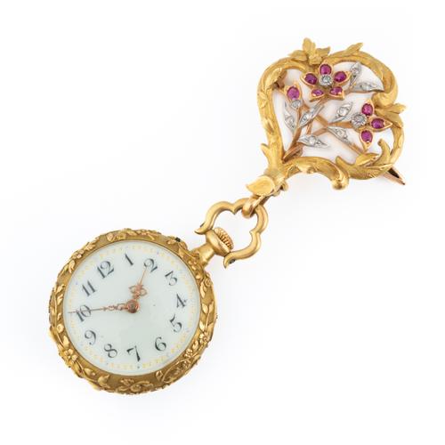 A GOLD, DIAMOND AND RUBY KEYLESS WIND, OPENFACED PENDANT FOB WATCH AND A BROOCH (2)
