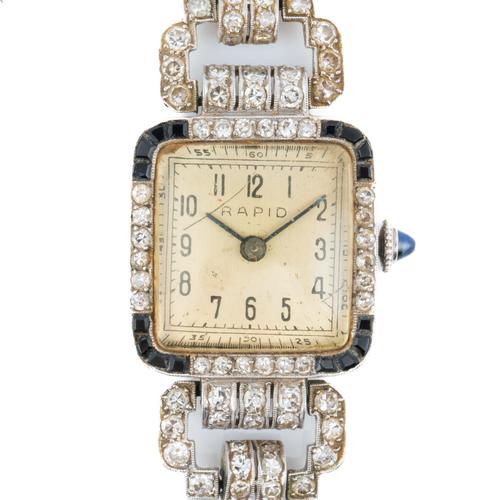 A RAPID DIAMOND AND BLACK ONYX ART DECO LADY'S BRACELET WRISTWATCH