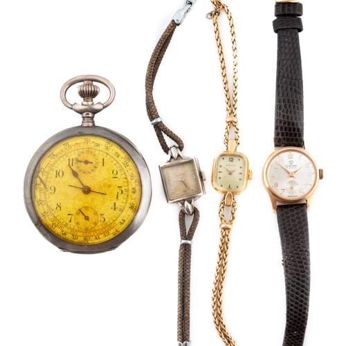 AN ERNEST BOREL GOLD LADY'S BRACELET WATCH, TWO LADY'S WRISTWATCHES AND A GERMAN OPENFACED POCKET WATCH (4)