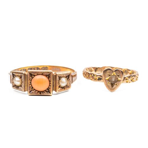 A 15CT GOLD, CORAL AND HALF PEARL RING AND A 9CT GOLD AND HALF PEARL RING (2)
