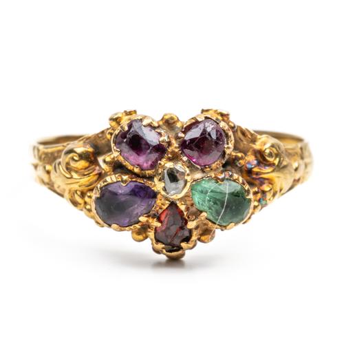 A VICTORIAN GOLD DIAMOND AND VARICOLOURED GEM SET CLUSTER RING