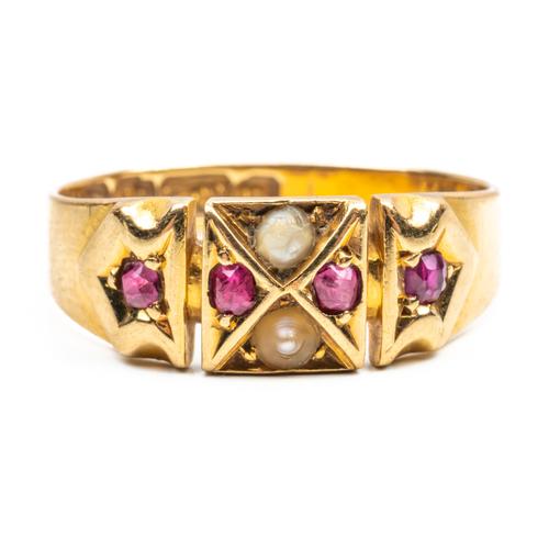AN 18CT GOLD, RUBY AND SEED PEARL RING