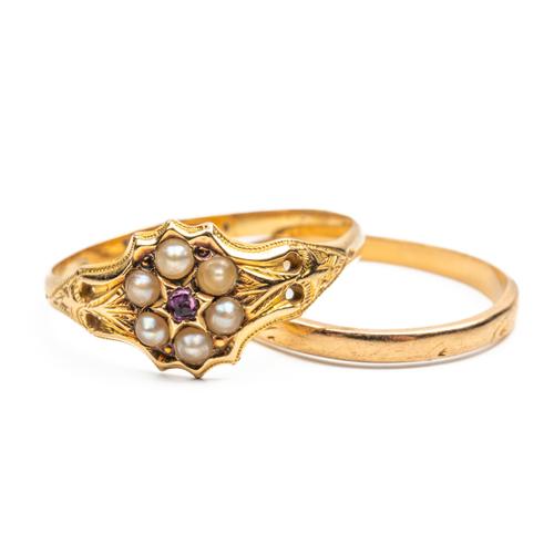 AN 18CT GOLD RUBY AND SEED PEARL CLUSTER RING AND AN 18CT GOLD WEDDING RING (2)
