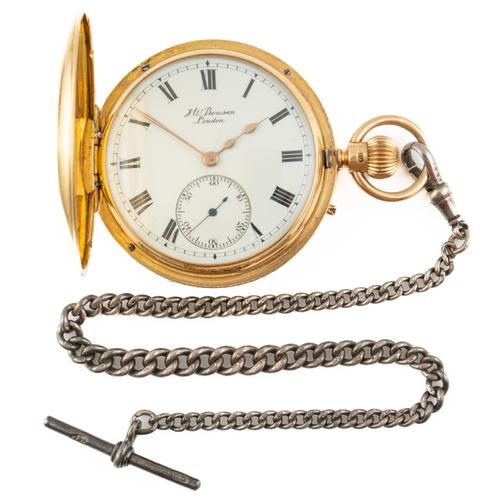 A J.W.BENSON, LONDON 18CT GOLD, KEYLESS WIND HALF HUNTING CASED GENTLEMAN'S POCKET WATCH WITH A CHAIN (2)