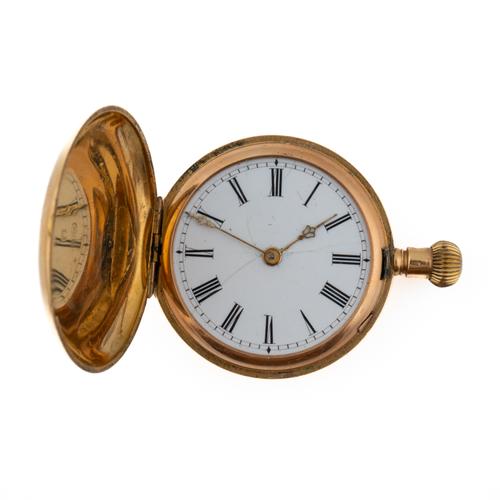 A LADY'S GOLD CASED, KEYLESS WIND, HUNTING CASED FOB WATCH