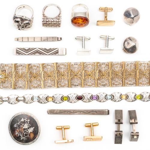 A GROUP OF SILVER, FOREIGN AND COSTUME JEWELLERY