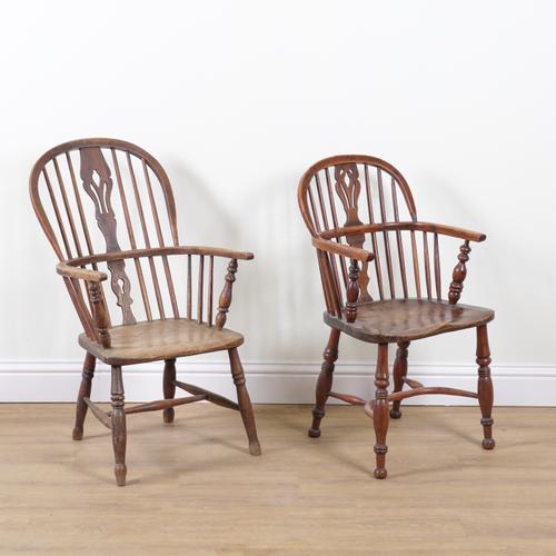 A 19TH CENTURY YEW AND ELM WINDSOR ARMCHAIR (2)