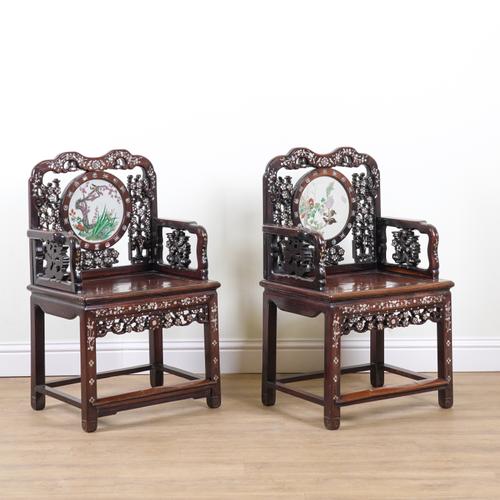 A PAIR OF EARLY 20TH CENTURY CHINESE EXPORT MOTHER OF PEARL INLAID ARMCHAIRS (2)