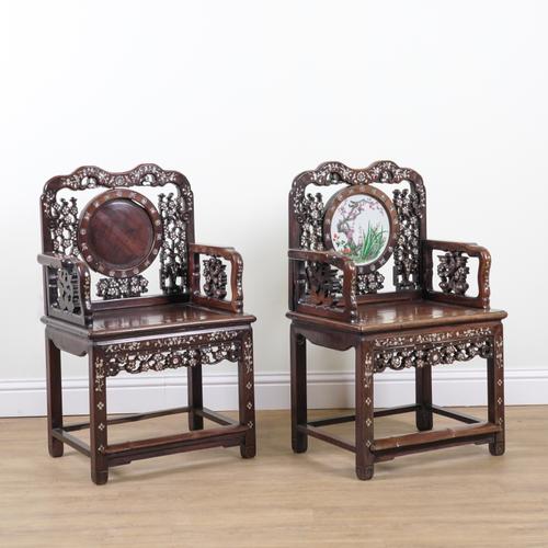 A PAIR OF EARLY 20TH CENTURY CHINESE EXPORT MOTHER OF PEARL INLAID ARMCHAIRS (2)