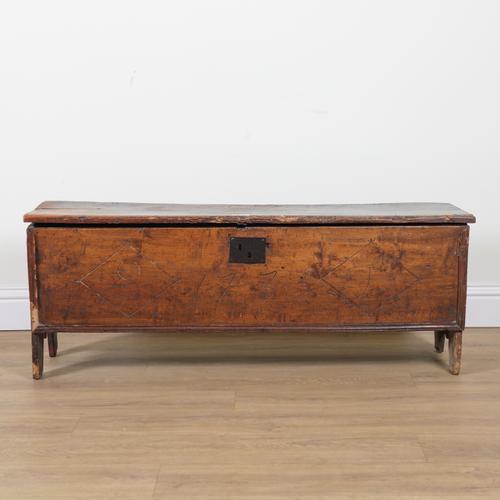 A 17TH CENTURY ELM FIVE PLANK COFFER