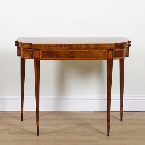 A GEORGE IV SATINWOOD BANDED MAHOGANY BREAKFRONT FOLD-OVER CARD TABLE