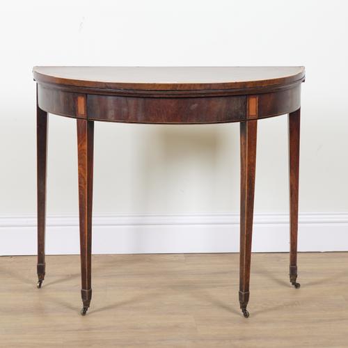 A GEORGE III ROSEWOOD BANDED MAHOGANY SEMI ELLIPTIC FOLD-OVER CARD TABLE