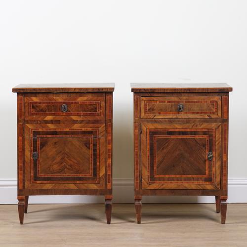 A NEAR PAIR OF 18TH CENTURY ITALIAN MARQUETRY INLAID WALNUT SIDE CABINETS (2)
