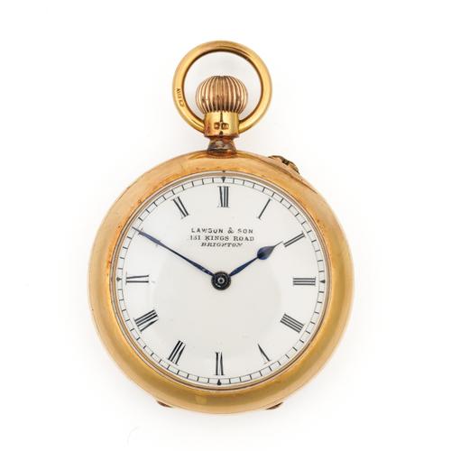 AN 18CT GOLD CASED KEYLESS WIND OPENFACED LADY'S FOB WATCH (2)