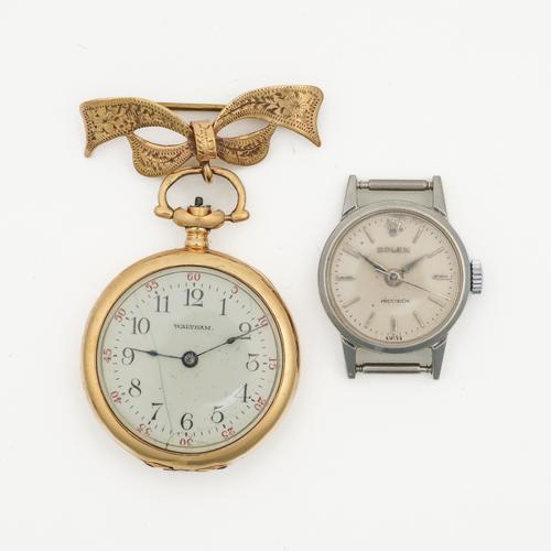 A ROLEX STAINLESS STEEL LADY'S WRISTWATCH AND A WALTHAM GOLD CASED OPENFACED PENDANT WATCH (2)