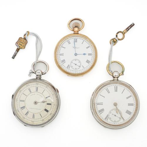 TWO SILVER POCKET WATCHES AND A GILT METAL POCKET WATCH (3)