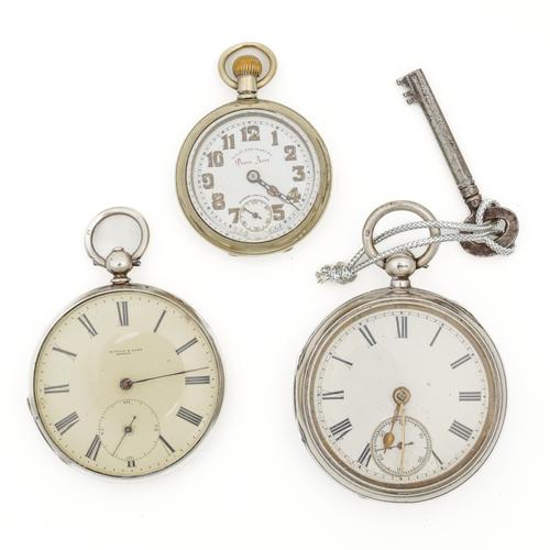TWO SILVER POCKET WATCHES AND A BASE METAL FOB WATCH (3)