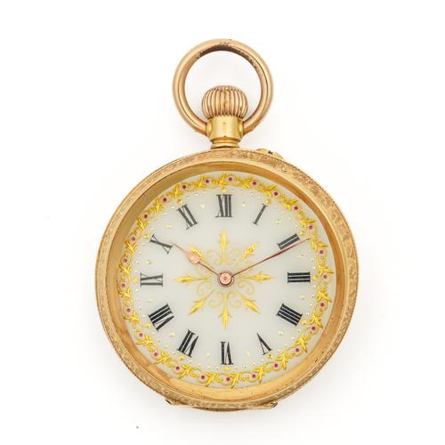 A LADY'S GOLD CASED KEYLESS WIND OPEN FACED FOB WATCH