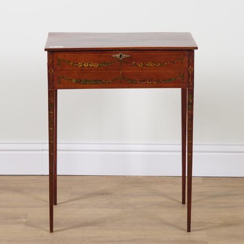 A GEORGE III POLYCHROME PAINTED MAHOGANY LIFT TOP WRITING TABLE