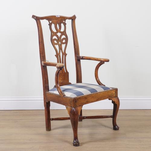 A GEORGE II ELM HIGH BACK OPEN ARMCHAIR