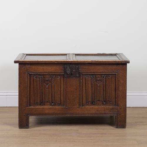 A 17TH CENTURY PANELLED OAK COFFER