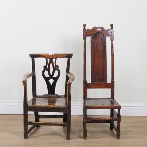 A GEORGE III FRUITWOOD OPEN ARMCHAIR (2)