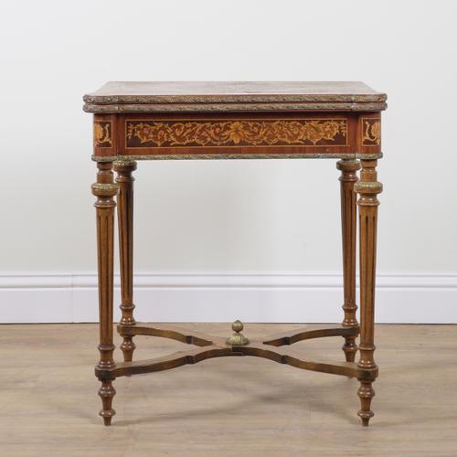 AN 18TH CENTURY STYLE FRENCH MARQUETRY INLAID FOLD-OVER CARD TABLE