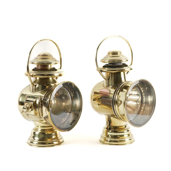 A PAIR OF VINTAGE BRASS CAR LAMPS BY CH. SEHEU (2)