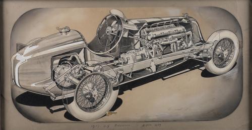 A FRAMED ILLUSTRATION OF A 1937 2.9 MASERATI SIGNED DERICK PAYNE