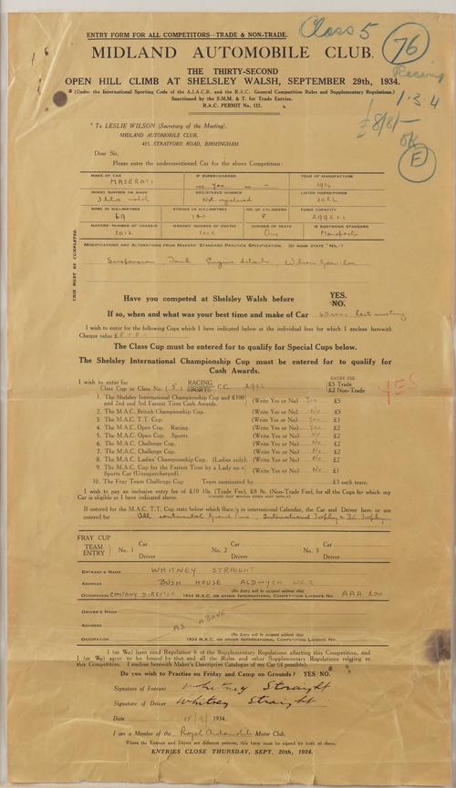 A SIGNED WHITNEY STRAIGHT ENTRY FORM FOR THE SHELSLEY WALSH HILL CLIMB 1934 (QTY)