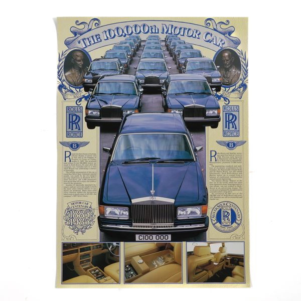 AN ORIGINAL ROLLS ROYCE FACTORY POSTER 1985 COMMEMORATING 100000 CARS PRODUCED