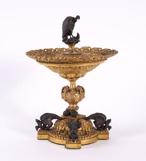 A FRENCH GILT AND PATINATED BRONZE TAZZA