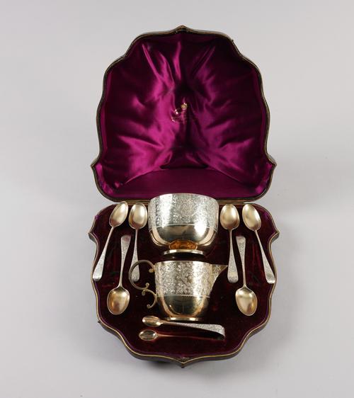 A VICTORIAN SILVER NINE PIECE TEA OR COFFEE ACCESSORY SET