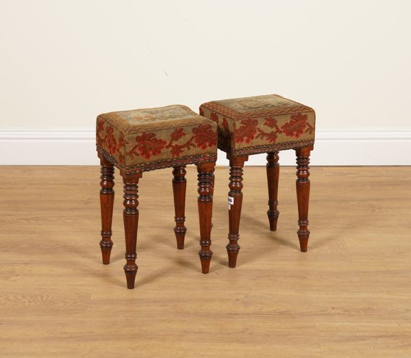 A PAIR OF REGENCY MAHOGANY NEEDLEPOINT DECORATED STOOLS (2)