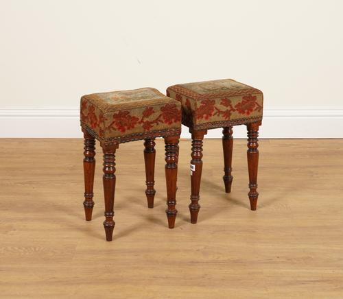 A PAIR OF REGENCY MAHOGANY NEEDLEPOINT DECORATED STOOLS (2)