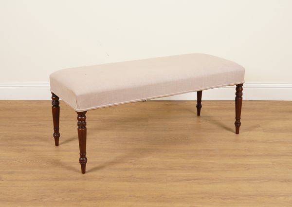 A MAHOGANY FRAMED RECTANGULAR UPHOLSTERED FOOTSTOOL