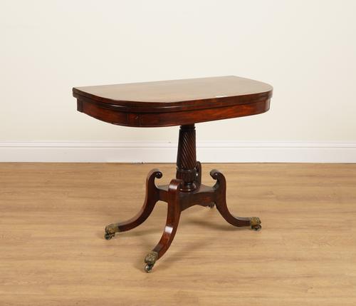 A REGENCY MAHOGANY DEMI-LUNE FOLDOVER CARD TABLE