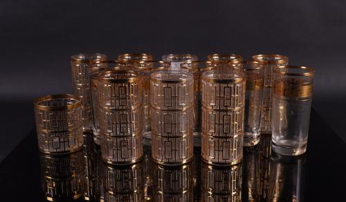 EIGHT IMPERIAL GLASS `SHOJI GOLD' PATTERN HIGHBALL GLASSES AND ONE ROCKS GLASS (14)