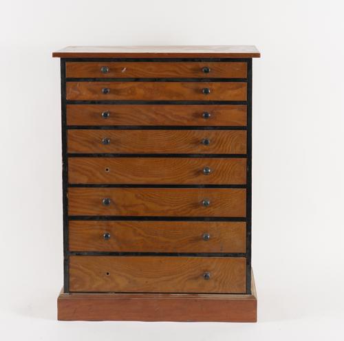 A LATE 19TH CENTURY FIGURED ASH AND PINE EIGHT DRAWER COLLECTORS CHEST