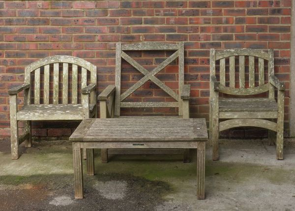 TWO HARDWOOD OPEN ARMCHAIRS (4)