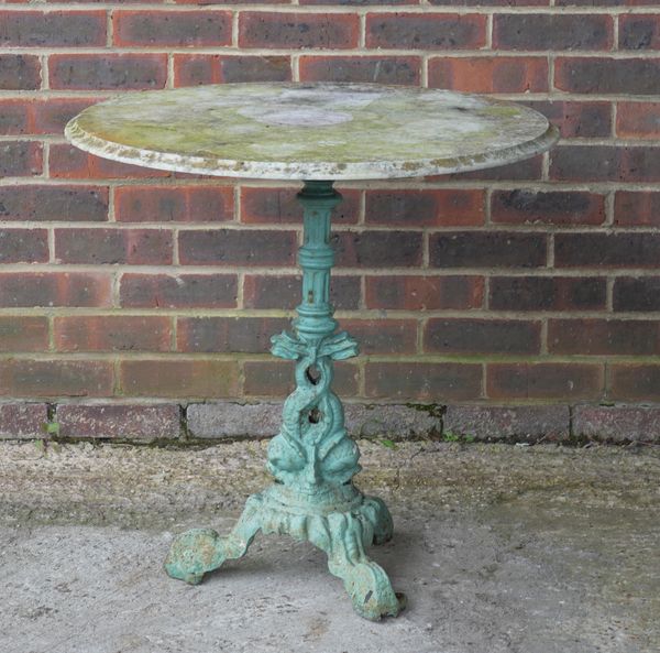 A VICTORIAN MARBLE TOPPED GREEN PAINTED CAST IRON GARDEN TABLE