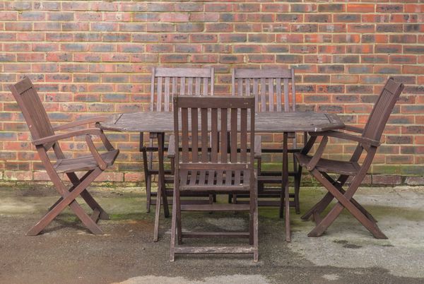 A BROWN PAINTED HARDWOOD RECTANGULAR GARDEN TABLE (6)