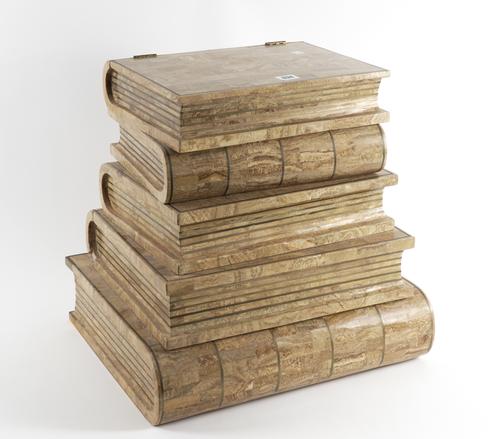 MAITLAND SMITH: A MARBLE VENEERED AND BRASS LINE INLAID OCCASIONAL TABLE MODELLED AS A STACK OF BOOKS