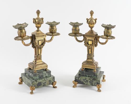 A PAIR OF LOUIS XVI STYLE GILT-BRASS TWIN-BRANCH CANDELABRA (2)