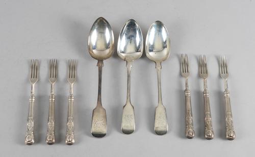 THREE SILVER FIDDLE PATTERN TABLESPOONS AND SIX DESSERT FORKS (9)