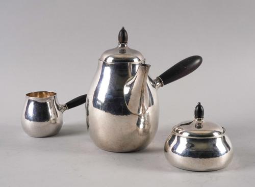A GEORG JENSEN SILVER THREE PIECE COFFEE SET (3)