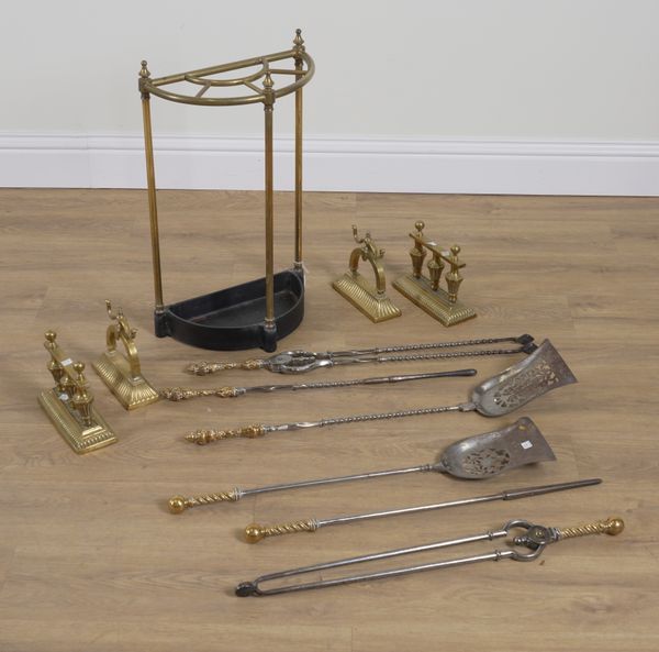 TWO SETS OF BRASS MOUNTED STEEL FIRE TOOLS AND A BRASS DEMI-LUNE STICK STAND (11)