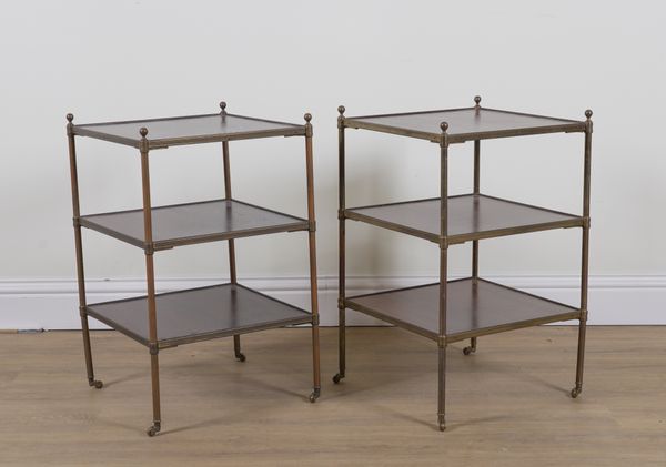 A PAIR OF MID 20TH CENTURY LACQUERED BRASS AND MAHOGANY SQUARE THREE TIER ETAGERES (2)