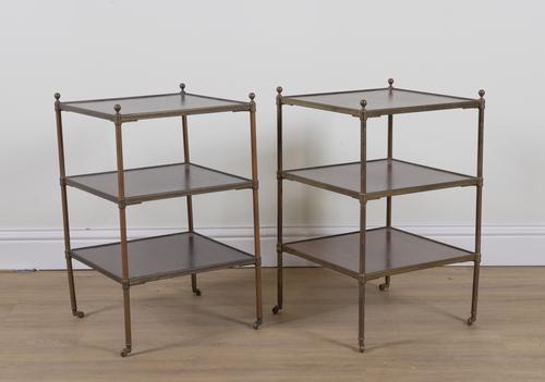 A PAIR OF MID 20TH CENTURY LACQUERED BRASS AND MAHOGANY SQUARE THREE TIER ETAGERES (2)