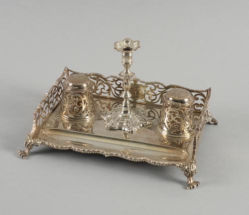 A VICTORIAN SILVER INKSTAND WITH TAPER STICK